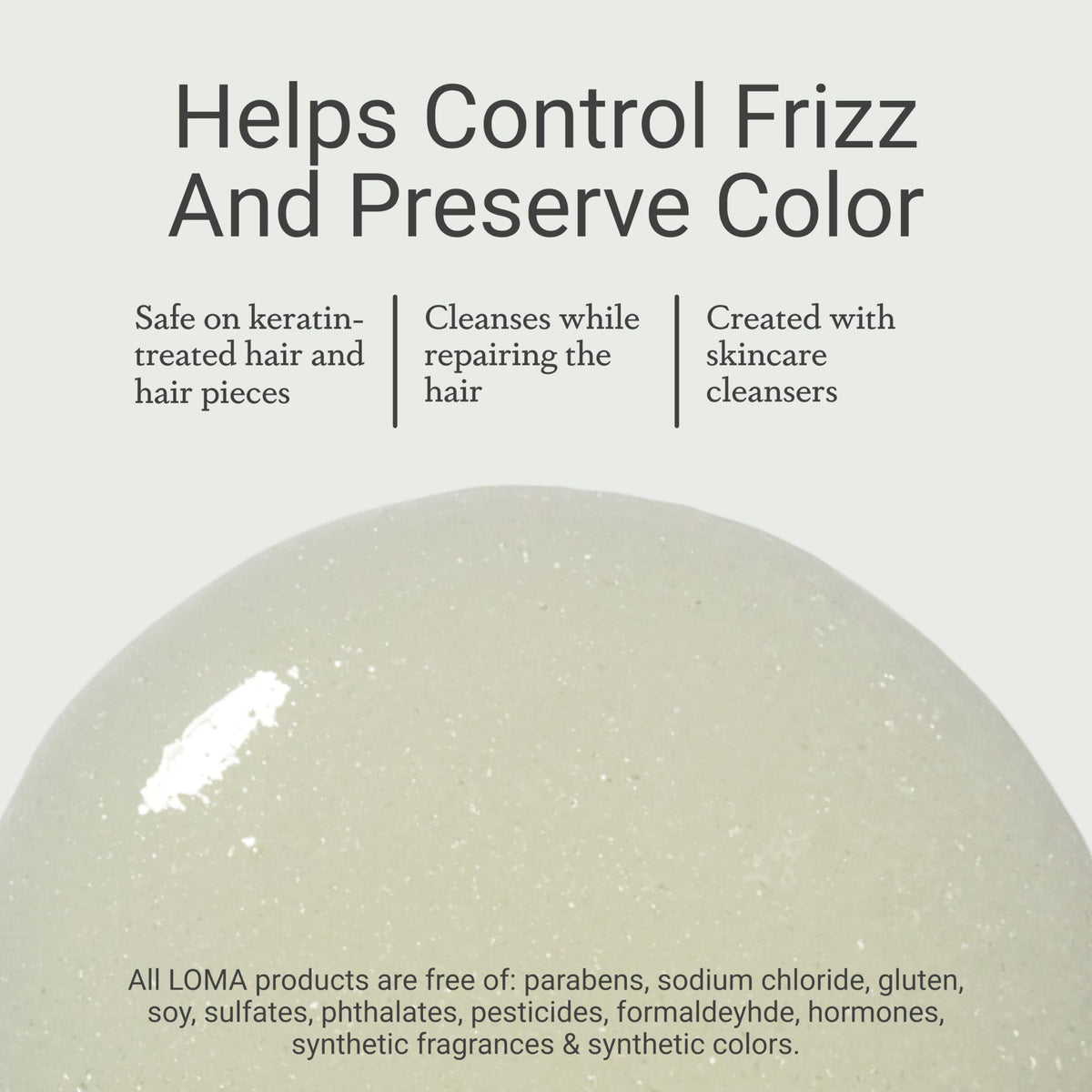 Loma shampoo in use on wet hair, smooth detangling benefit