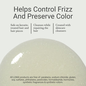 Loma shampoo in use on wet hair, smooth detangling benefit