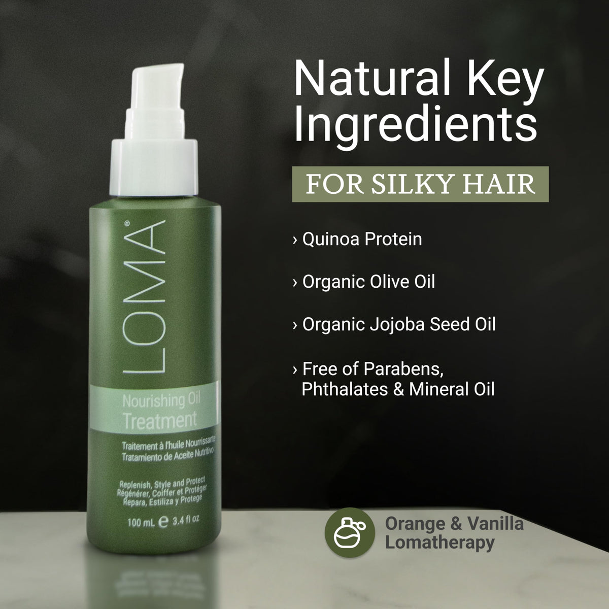 Loma ingredients display jojoba olive quinoa highlighting nourishment