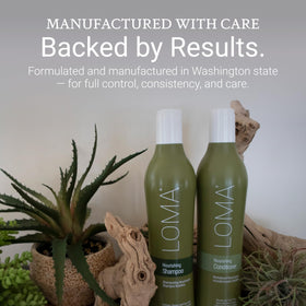 LOMA duo styled on bathroom shelf in lifestyle setting conveying a spa-like routine
