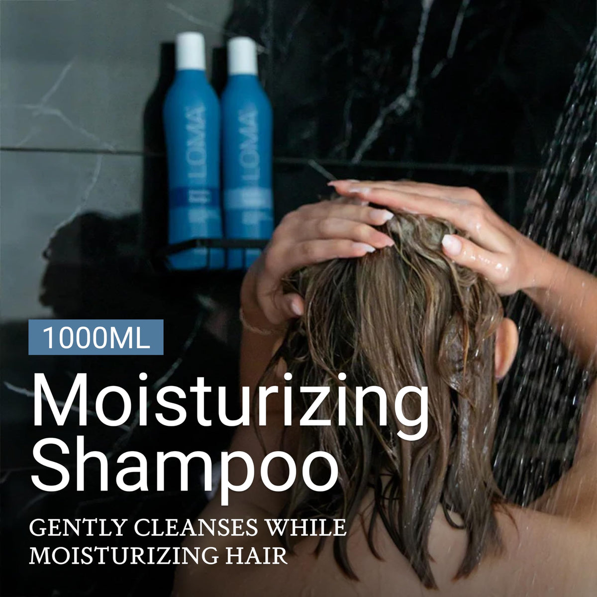 Close-up of Loma shampoo label highlighting sulfate and paraben free claims