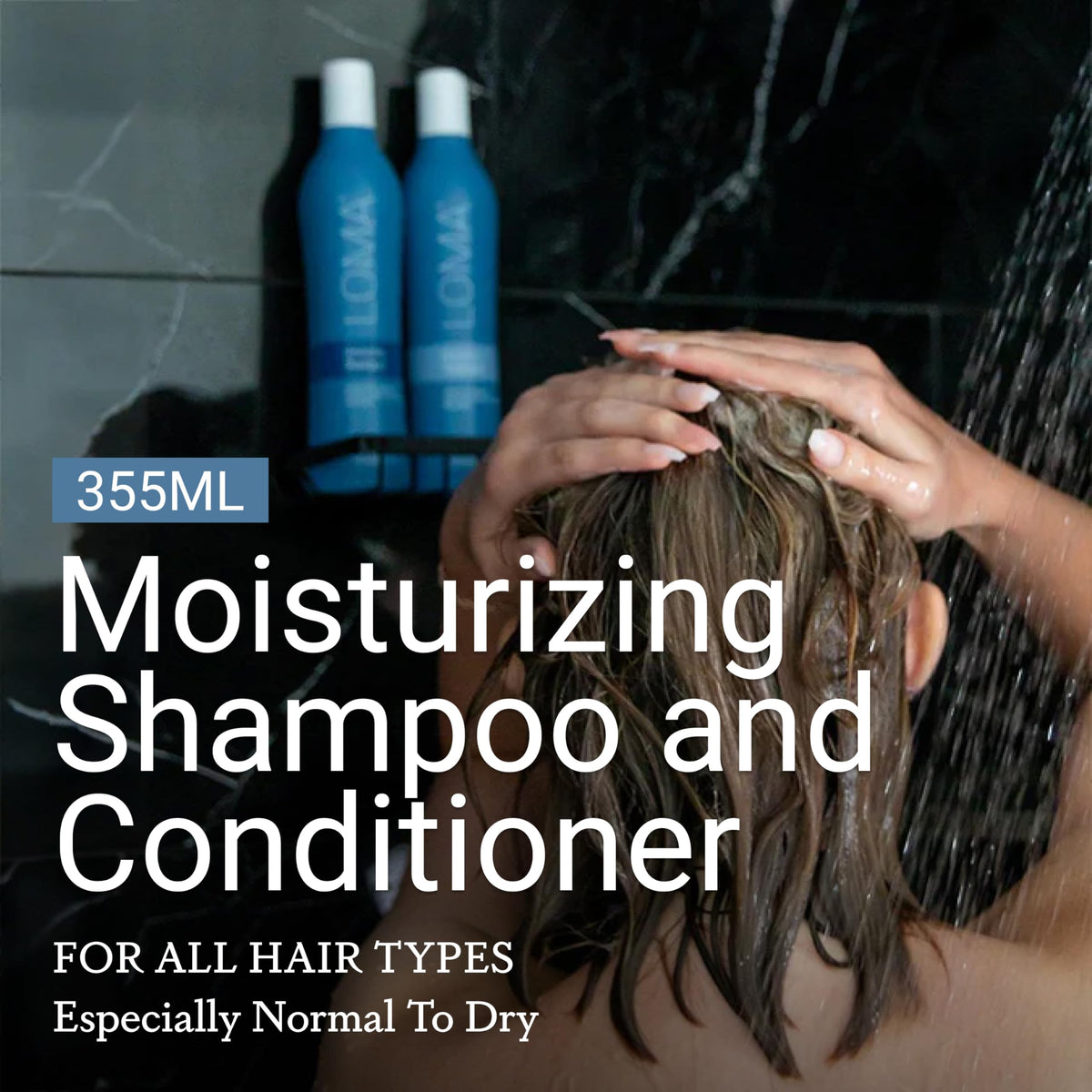 Loma shampoo pump close-up highlighting easy dispensing and hydration benefits