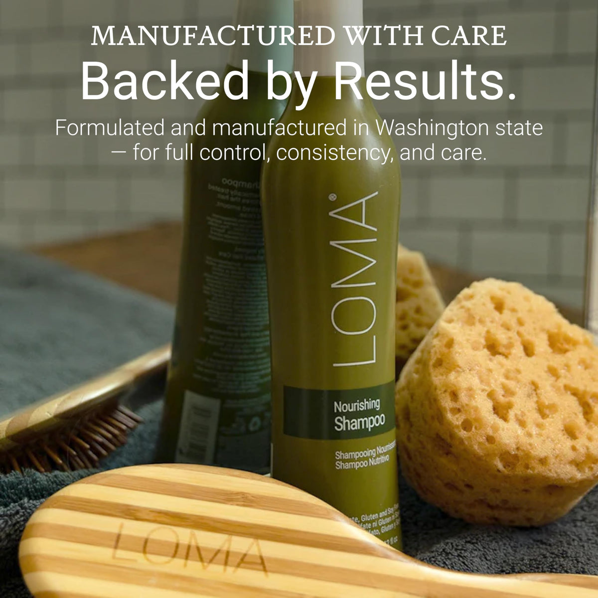 Loma shampoo in a shower scene illustrating gentle cleanse and spa-like aromatherapy