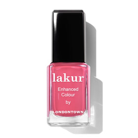 LONDONTOWN Lakur front bottle view showing vibrant Electric Flamingo color and glossy benefit