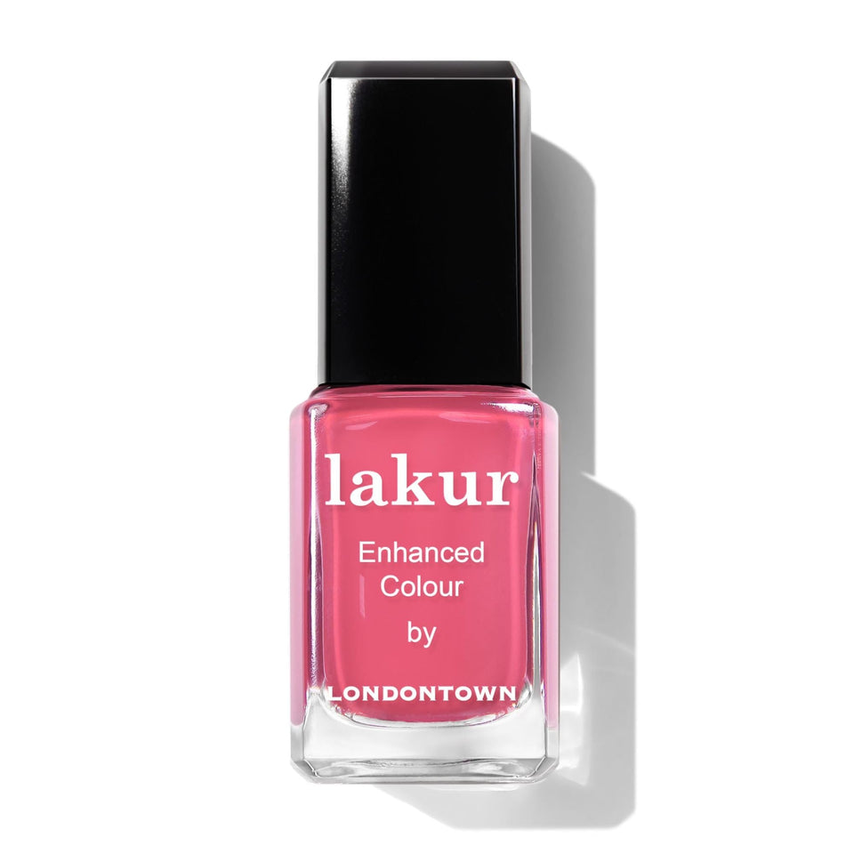 LONDONTOWN Lakur front bottle view showing vibrant Electric Flamingo color and glossy benefit