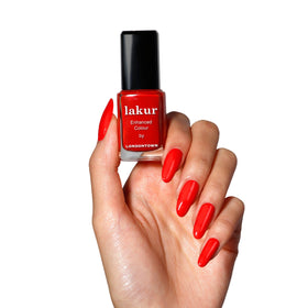 LONDONTOWN Lakur front bottle showing maraschino cherry red sheen and glossy finish