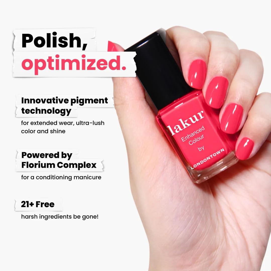LONDONTOWN nail swatch on a model hand demonstrating chip-resistant color and shine