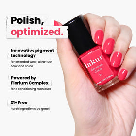 LONDONTOWN nail swatch on a model hand demonstrating chip-resistant color and shine