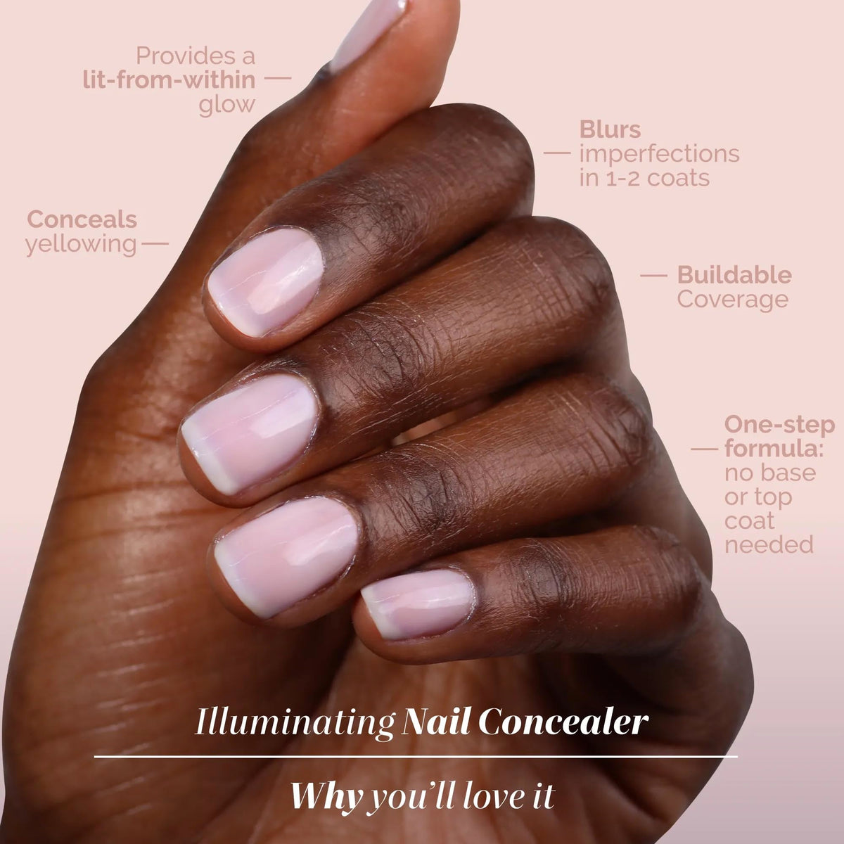 LONDONTOWN nail swatch on a hand showing natural luminous pink effect