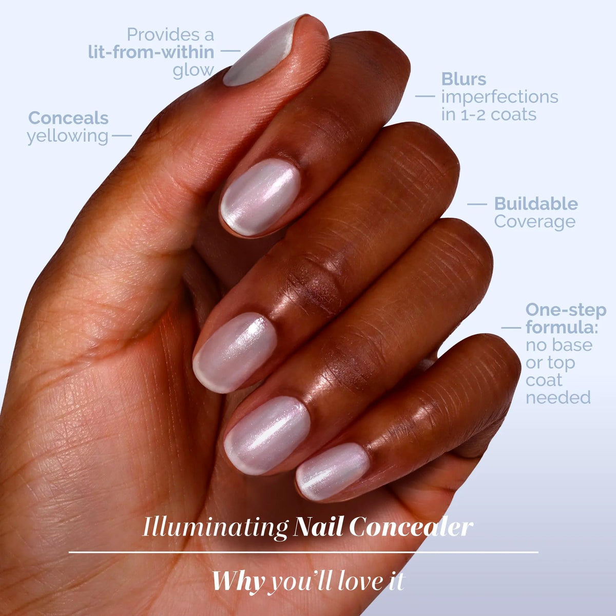 LONDONTOWN nail swatch on one hand demonstrating natural brightening effect