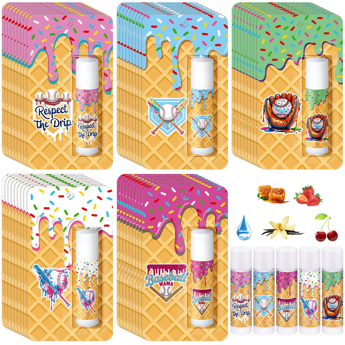 Loopeer front packaging showing 30 baseball drip lip balms and party-ready appeal