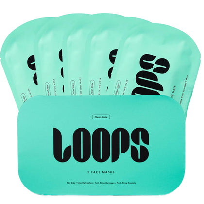 LOOPS front packaging showing five Clean Slate masks and product benefits
