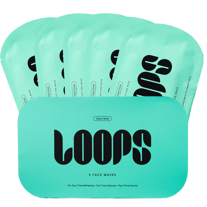 LOOPS front packaging showing five Clean Slate masks and product benefits