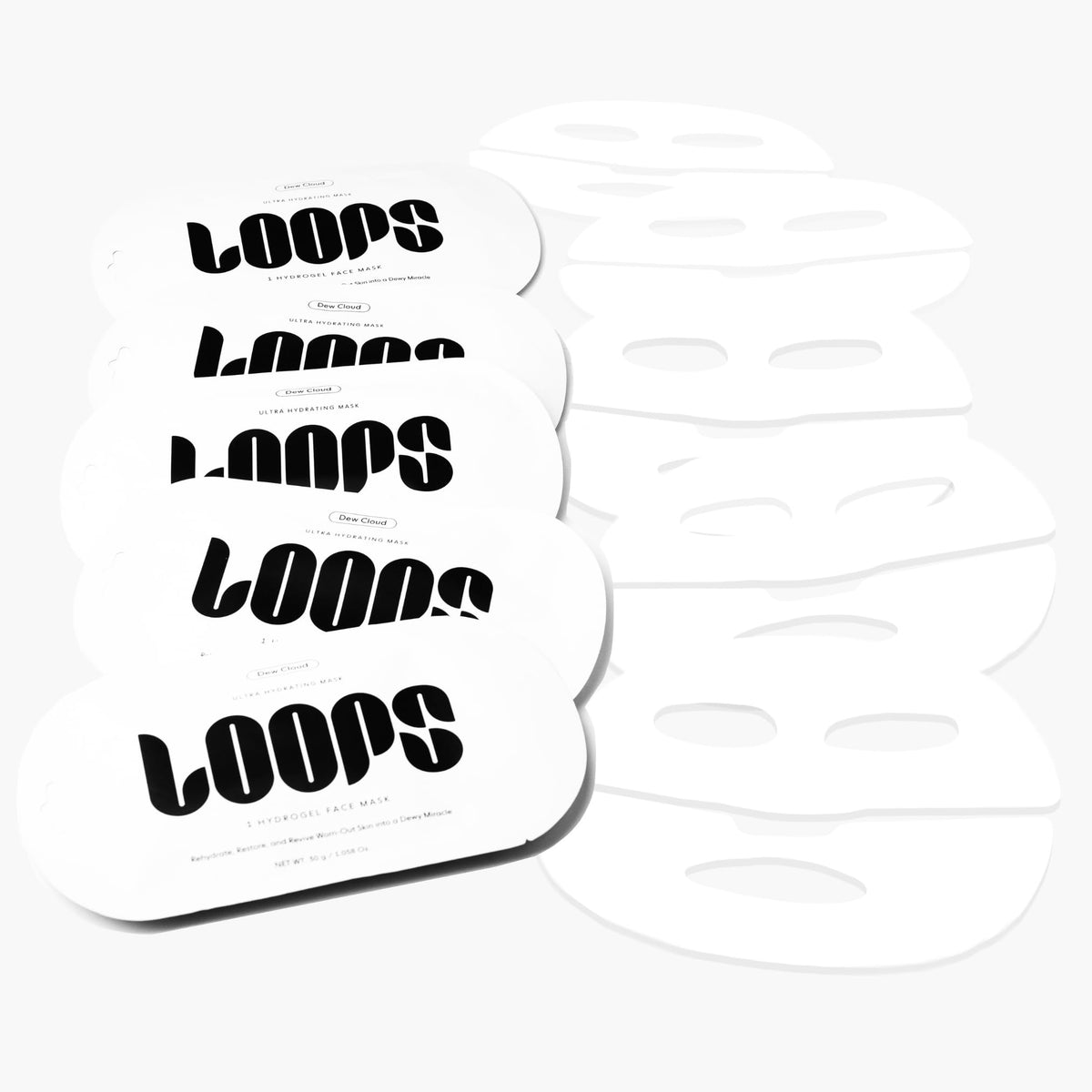 LOOPS unfolded hydrogel mask displayed to highlight full coverage and fit