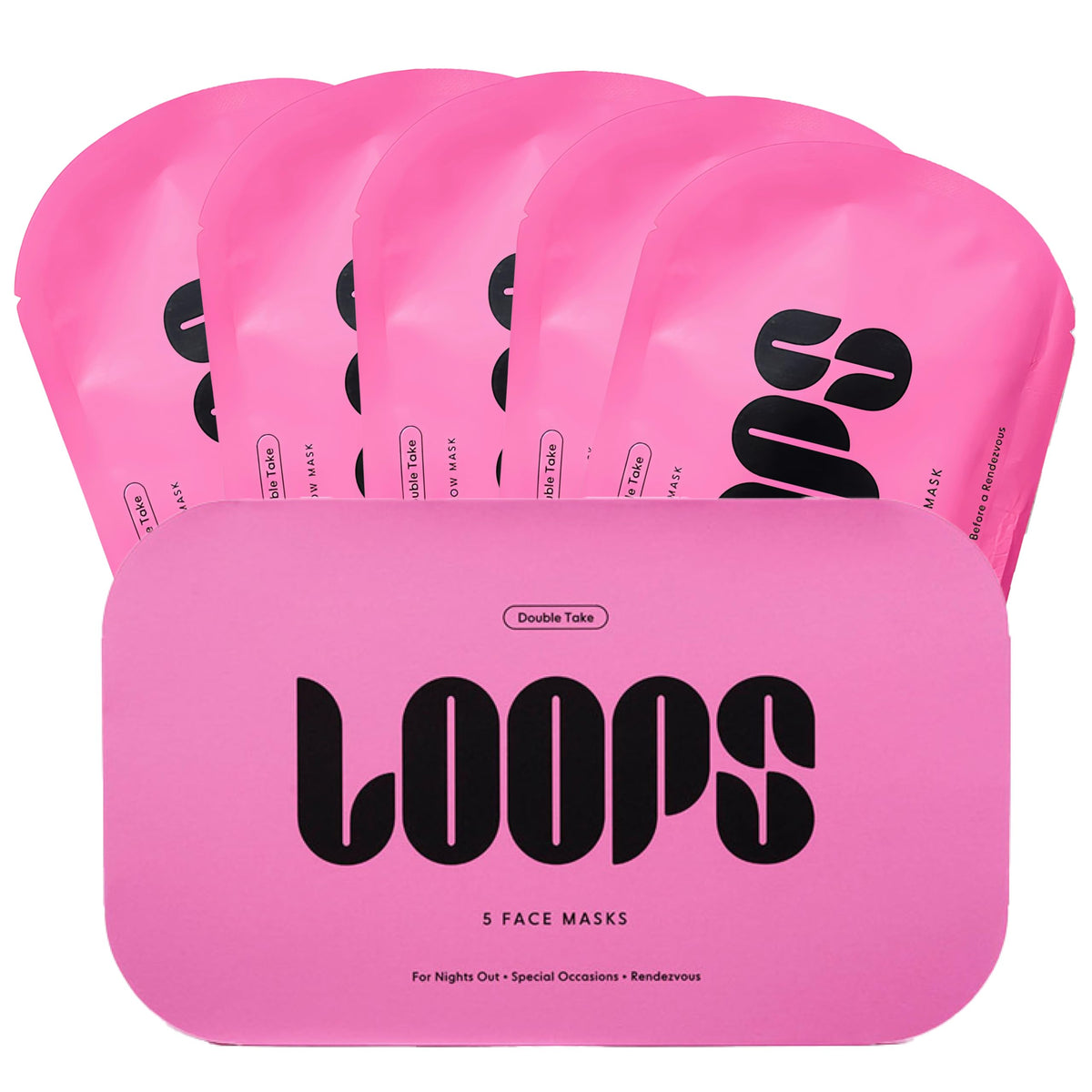 LOOPS front packaging showing five glow hydrogel masks and benefits