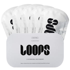 LOOPS front packaging showing five DREAM SLEEP hydrogel mask boxes and benefits