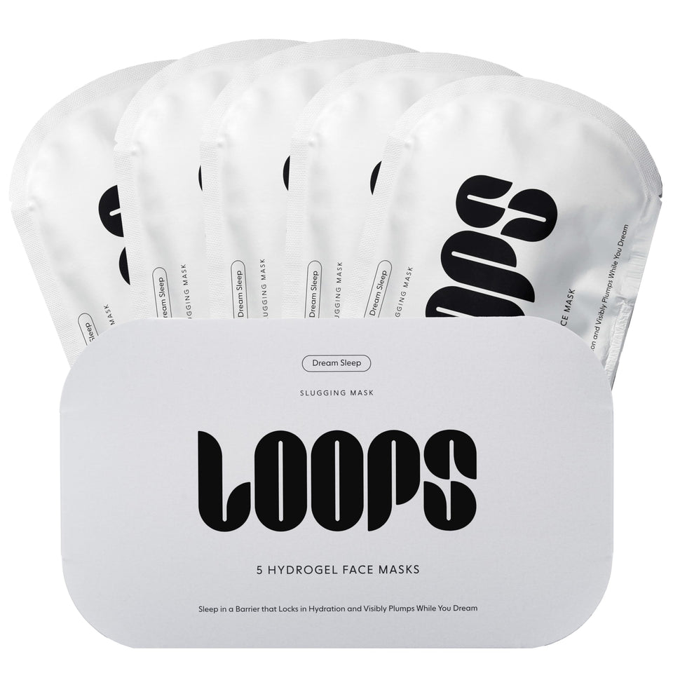 LOOPS front packaging showing five DREAM SLEEP hydrogel mask boxes and benefits