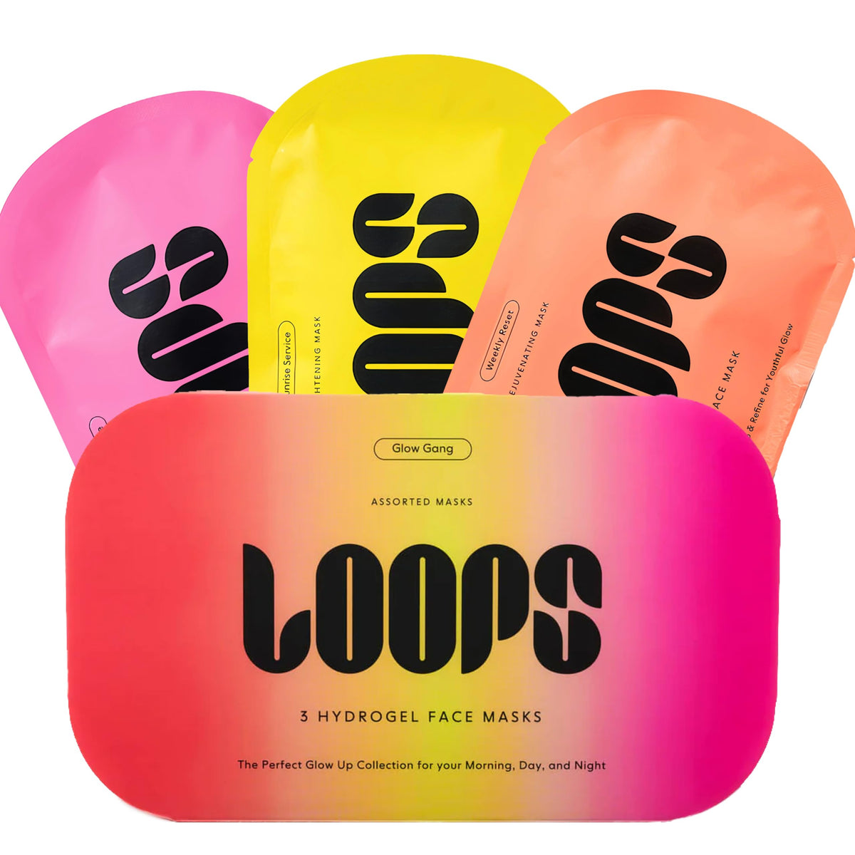 LOOPS front packaging showing the three-mask set and benefits