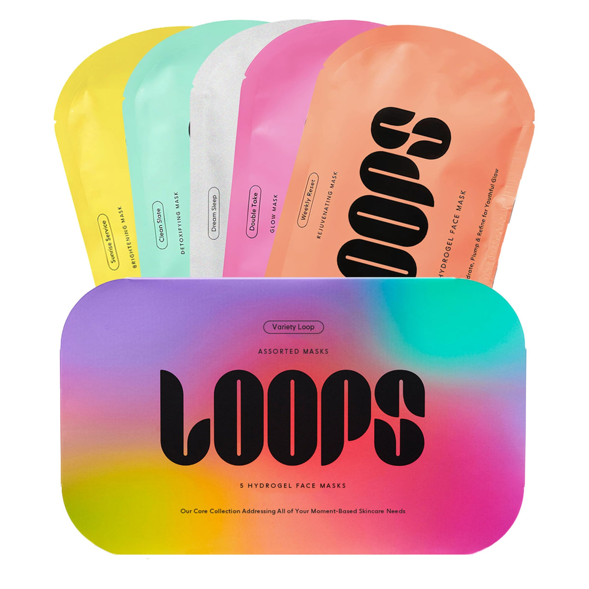 LOOPS front packaging displaying five hydrogel mask variants and benefits