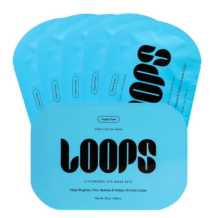 LOOPS front packaging showing five individually wrapped hydrogel patches for quick refresh