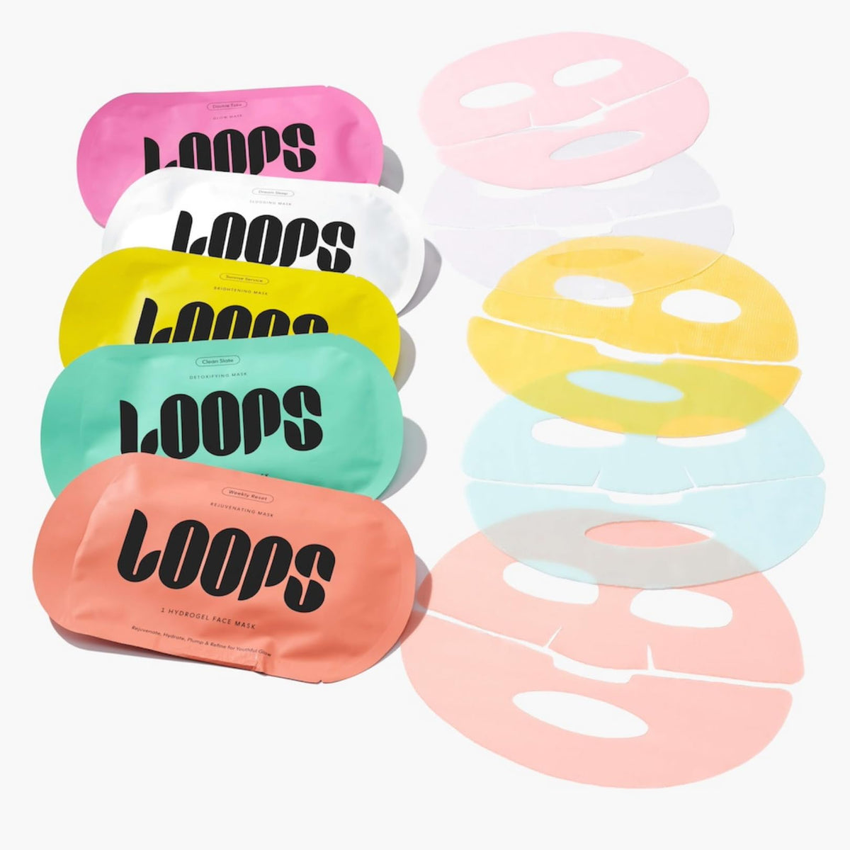 LOOPS two-piece hydrogel mask fitted on model demonstrating secure fit benefit