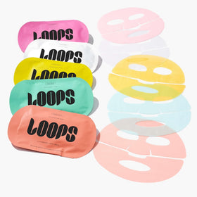 LOOPS two-piece hydrogel mask fitted on model demonstrating secure fit benefit