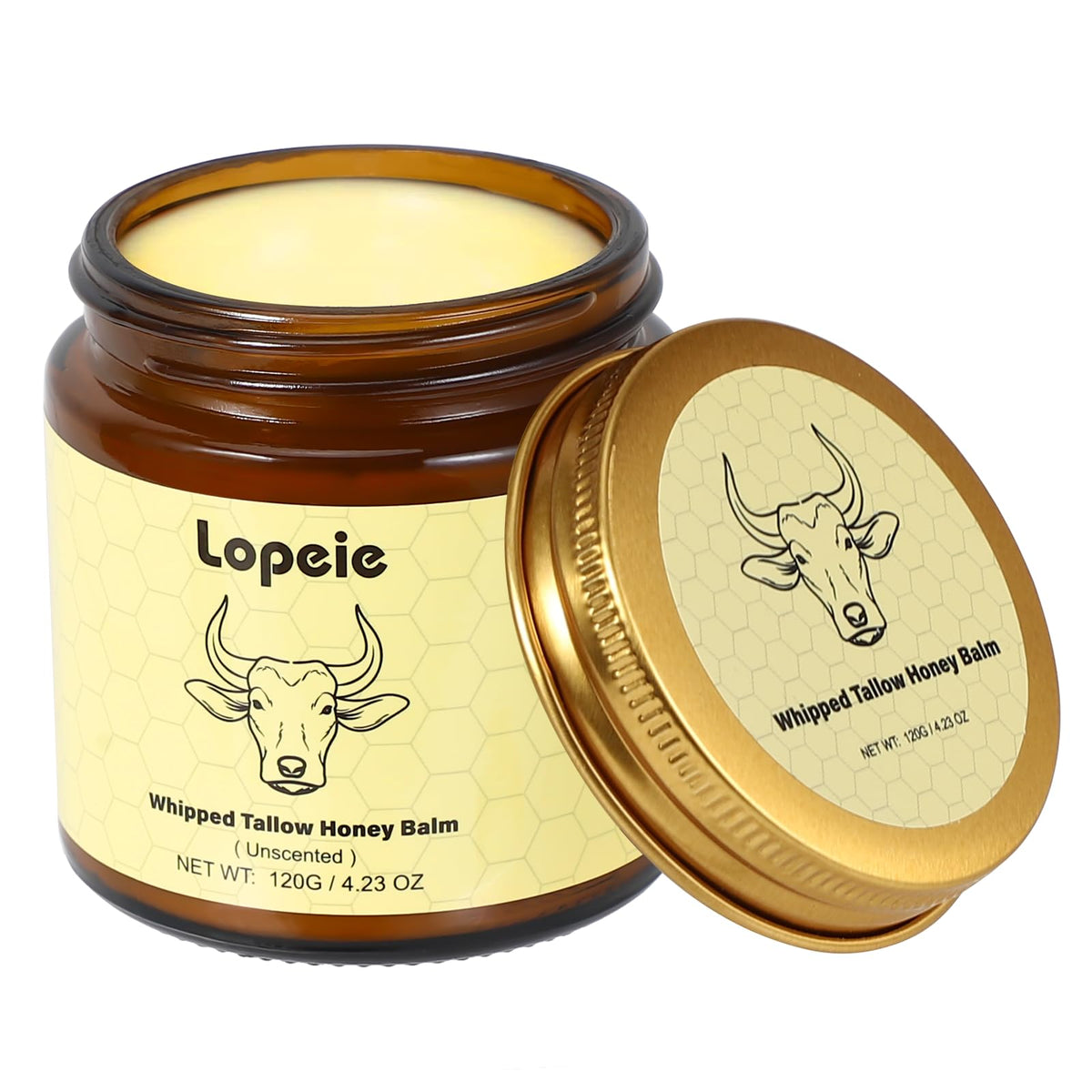 Lopeie jar front label showing unscented grass fed tallow — clear product identity and benefits