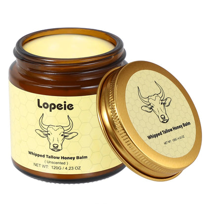 Lopeie jar front label showing unscented grass fed tallow — clear product identity and benefits