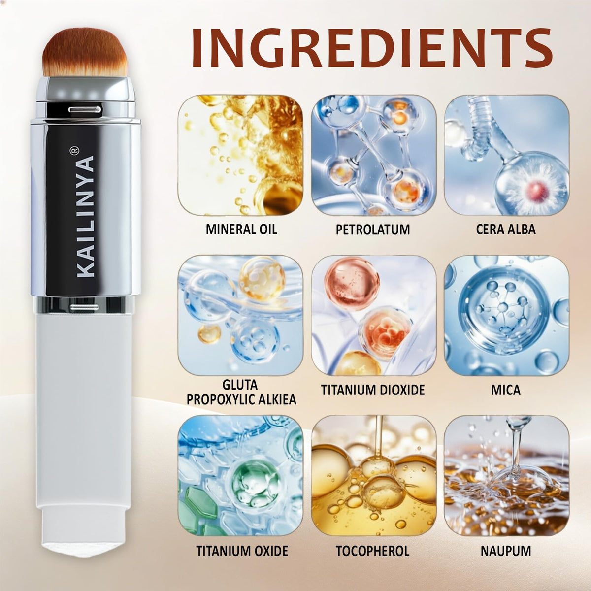 LOQOMI detachable brush detail illustrating soft bristles for even, streak-free blending