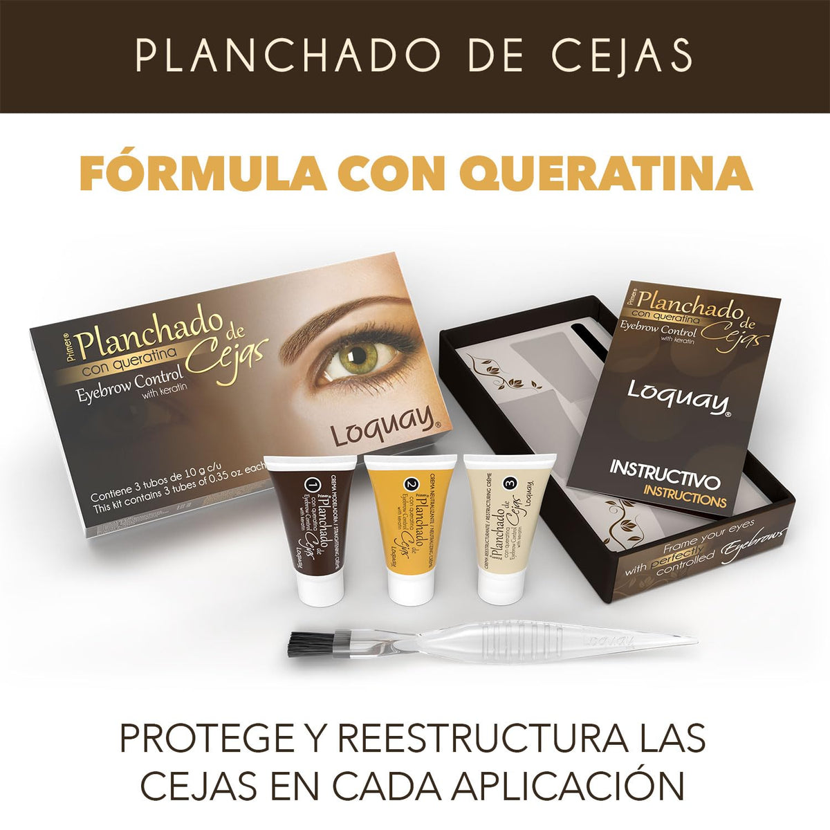Loquay application brush placing product on eyebrow, controlled application benefit