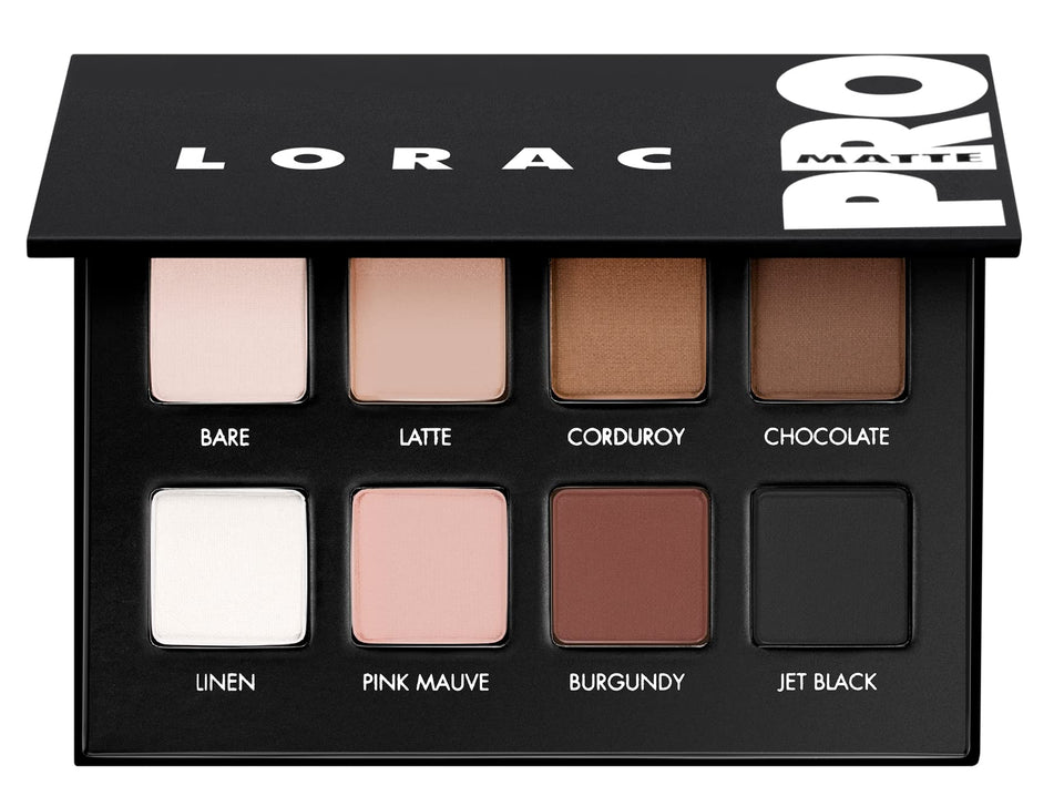 LORAC pro matte palette front packaging showing compact layout and eight shades