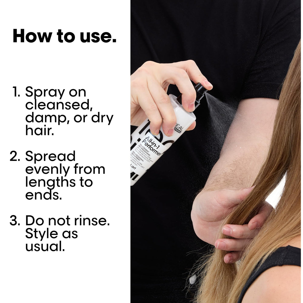 L'Oréal Professionnel product on salon station with styled model, illustrates professional results