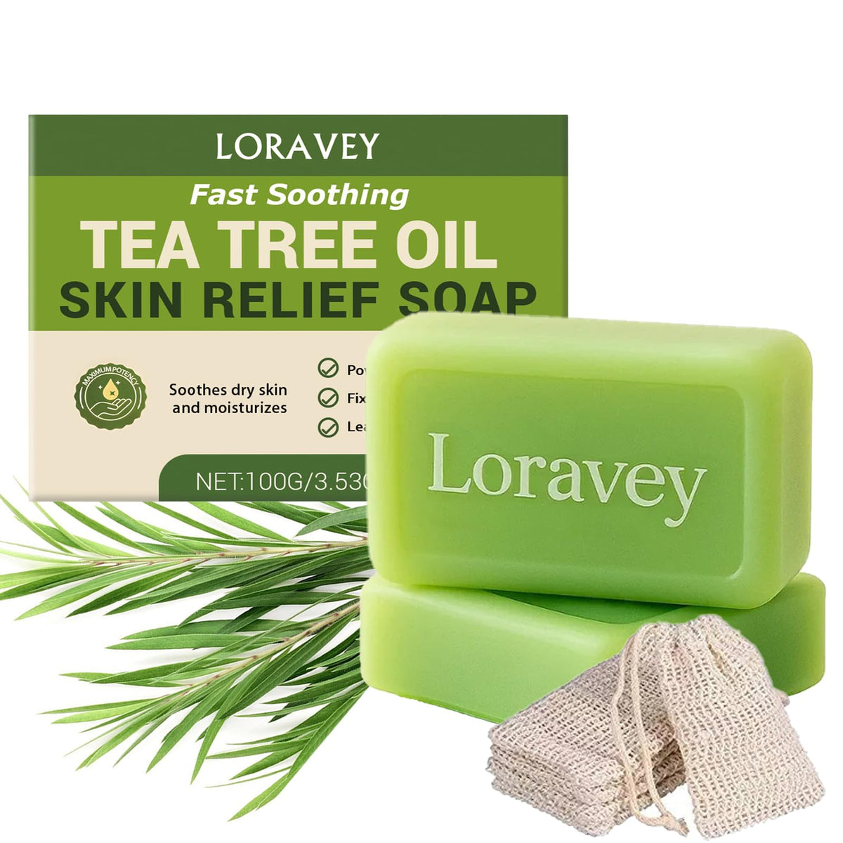 Loravey soap front packaging showing bar and weight, clear product identity and benefit