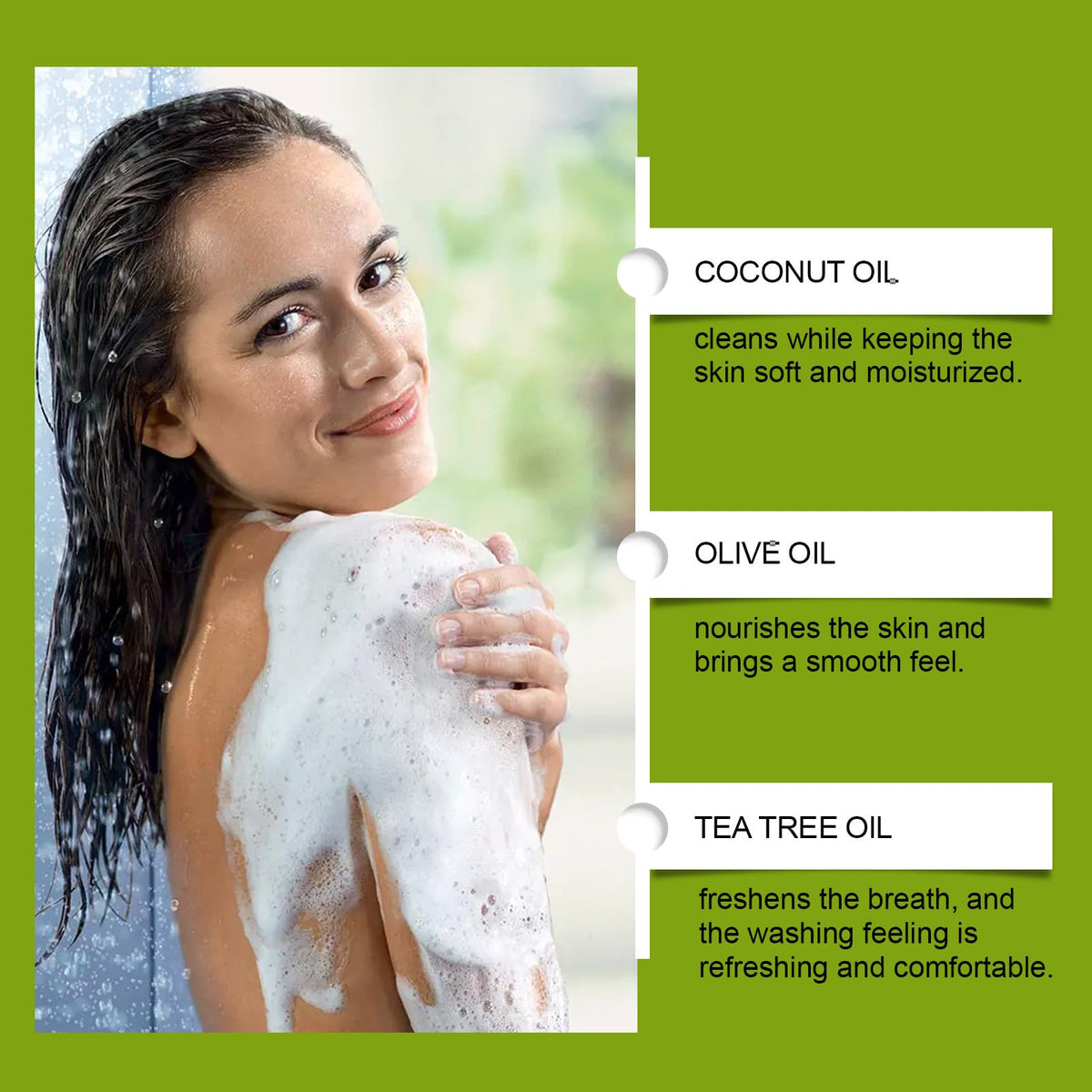Loravey soap ingredients label close-up displaying tea tree and herbal blend benefits