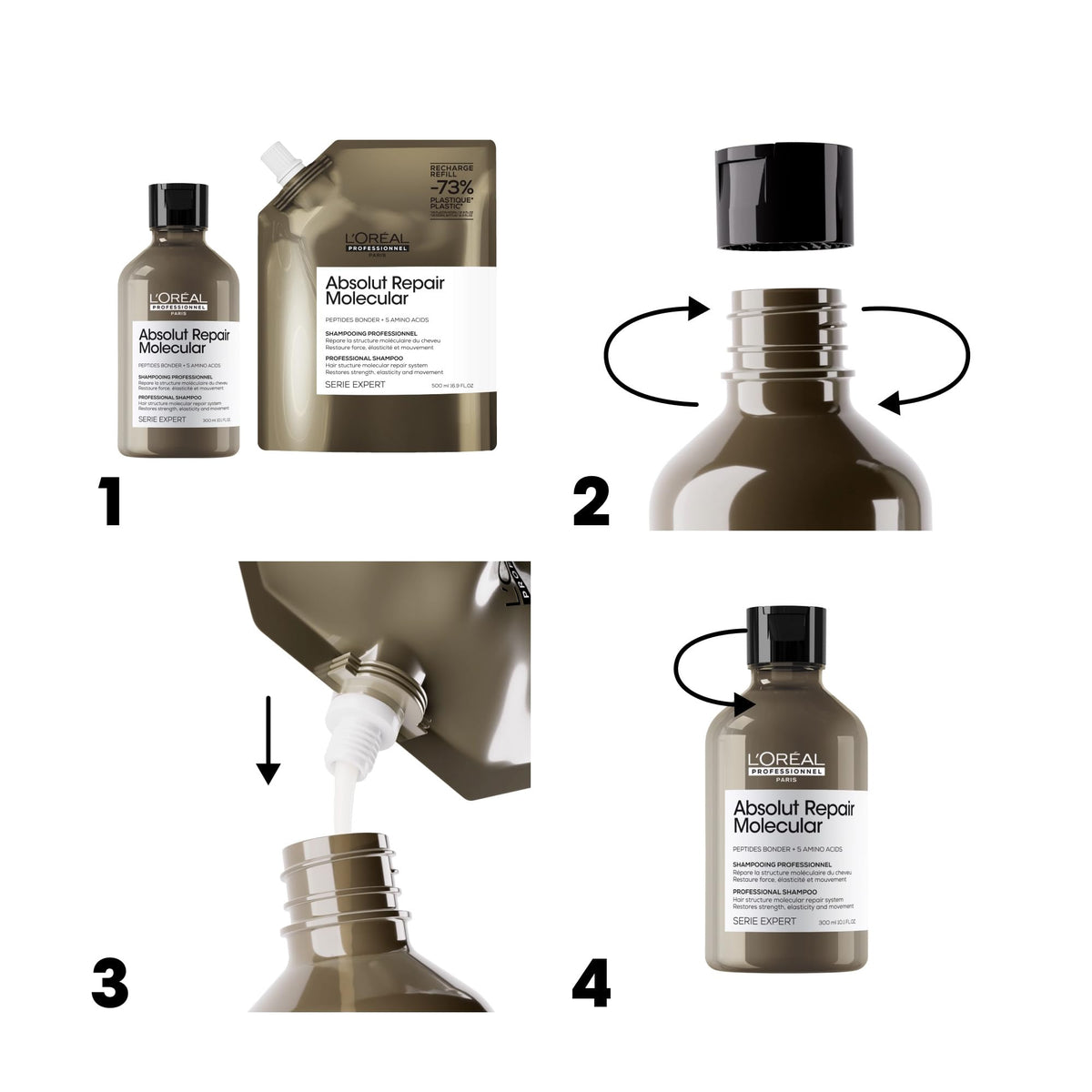 L'Oréal Professionnel shampoo bottle next to serum and mask for complete repair system
