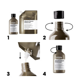 L'Oréal Professionnel shampoo bottle next to serum and mask for complete repair system