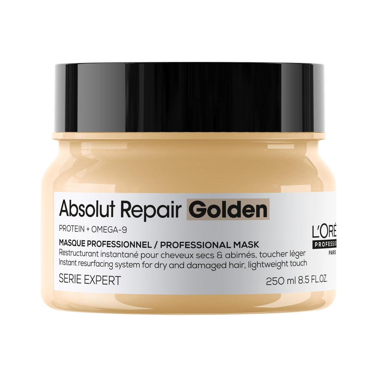 L'Oréal Professionnel bottle front view showing golden mask and professional repair benefit