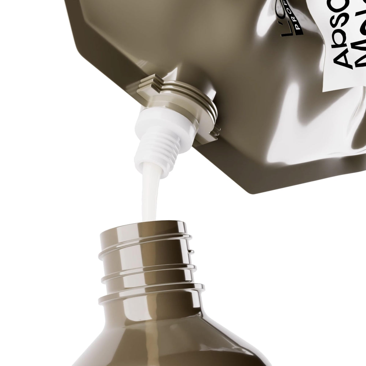 L'Oréal Professionnel refill beside standard bottle to show size and waste savings