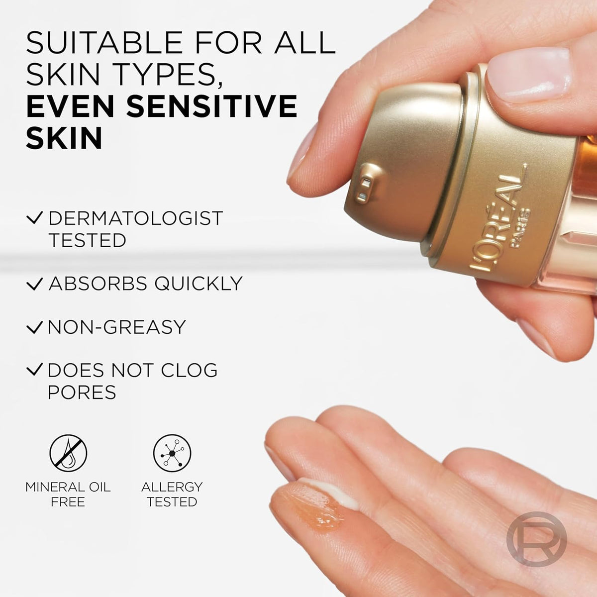 L'Oreal Paris applying serum to cheek with fingertips for hydrated, smoother skin