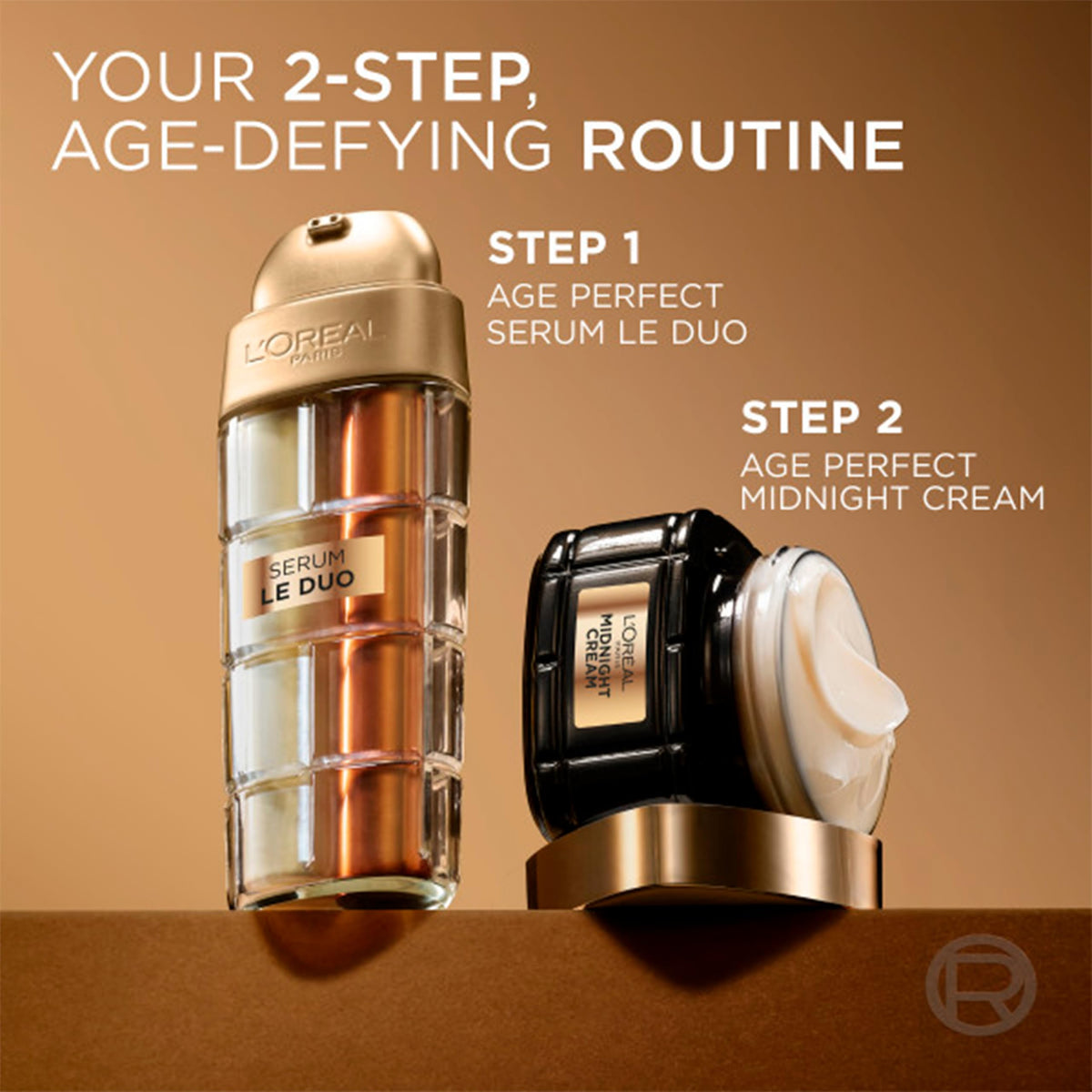 L'Oreal Paris serum styled on bathroom vanity suggesting daily luxury routine