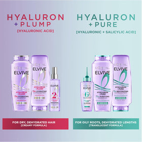 L'Oreal Paris Elvive bottle label and ingredients detail, benefit: highlights salicylic and hyaluronic acids