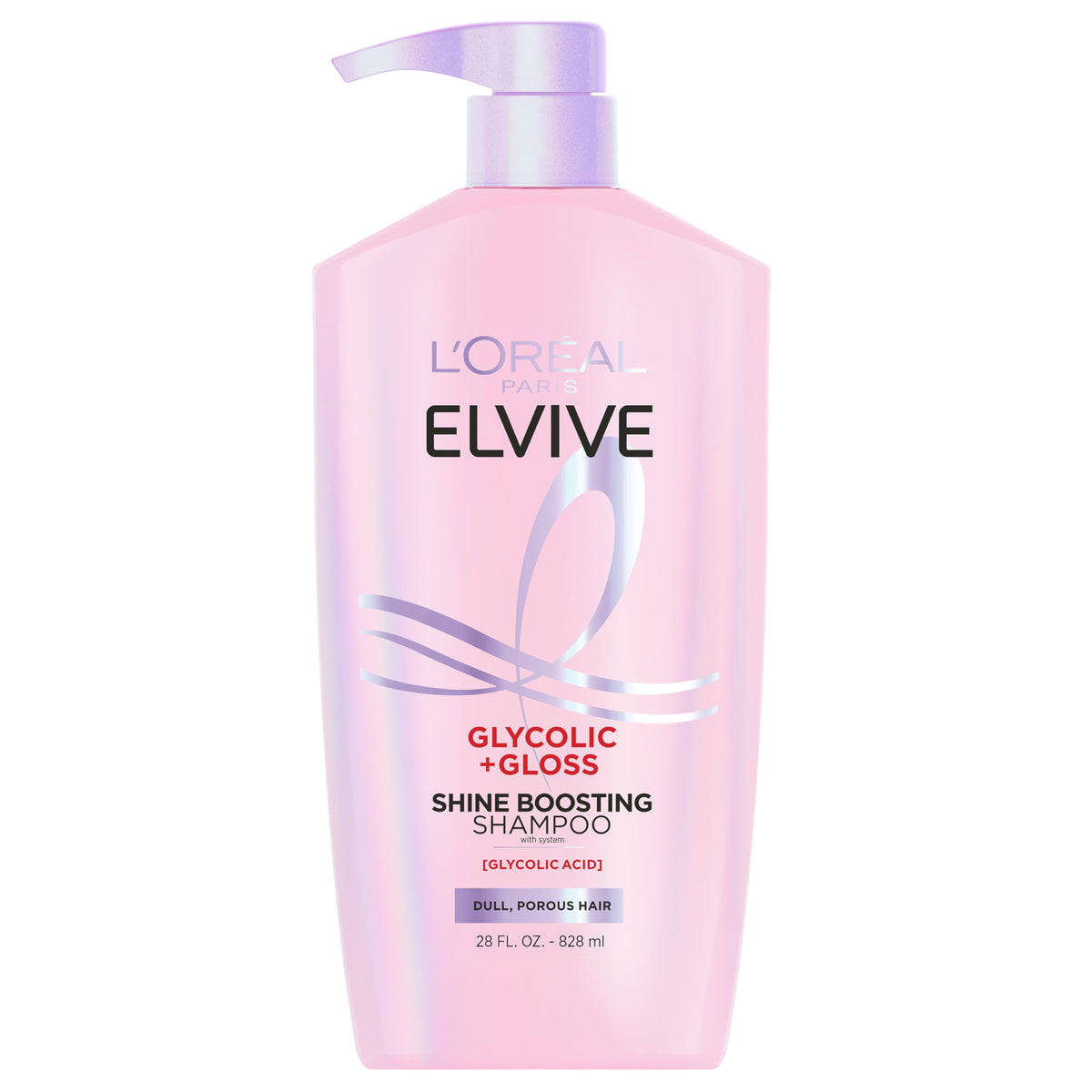 L'Oreal Paris front packaging of Glycolic + Gloss shampoo showing label and size, highlights product identity