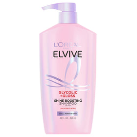 L'Oreal Paris front packaging of Glycolic + Gloss shampoo showing label and size, highlights product identity