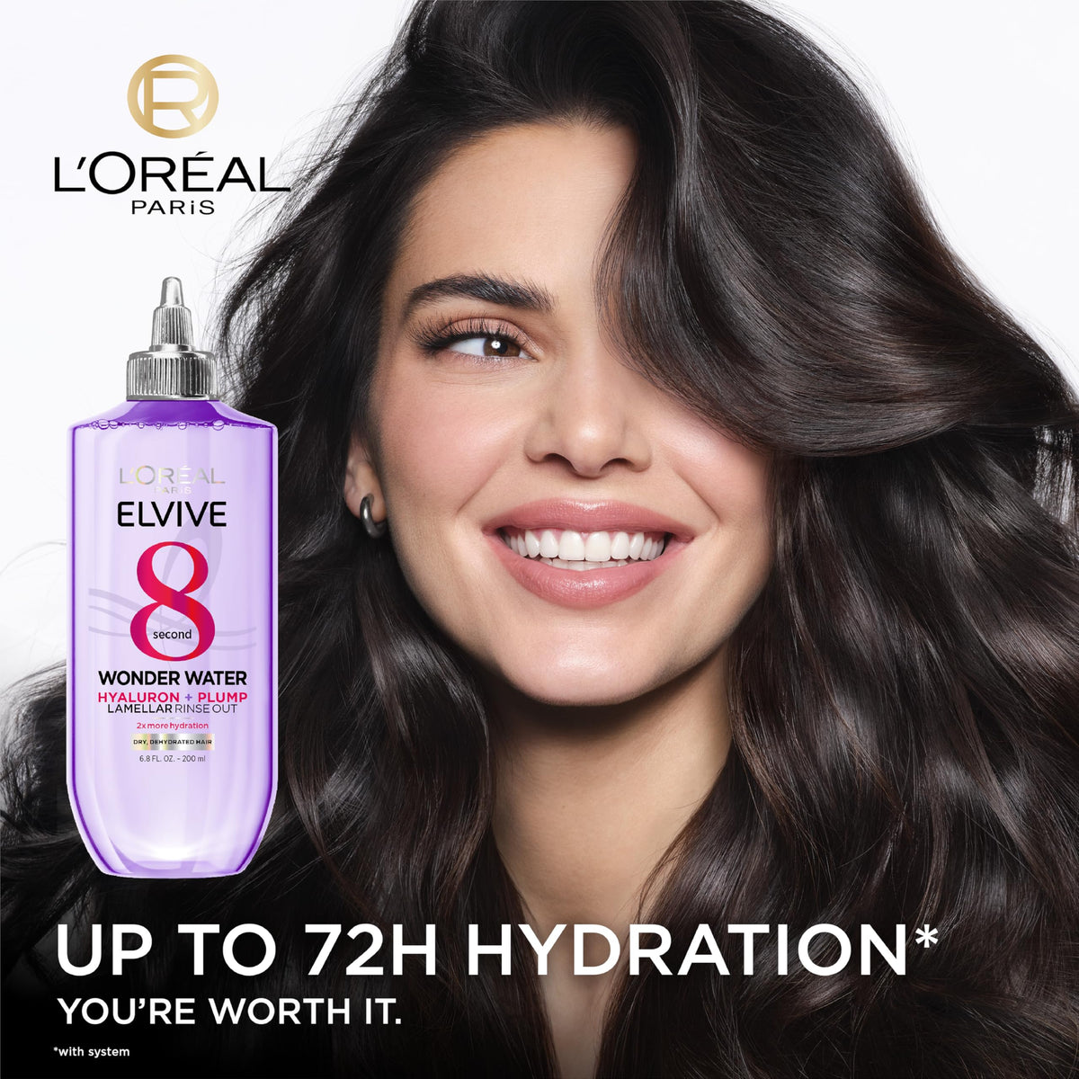 L'Oreal Paris product in-hand being applied to wet hair for fast hydration
