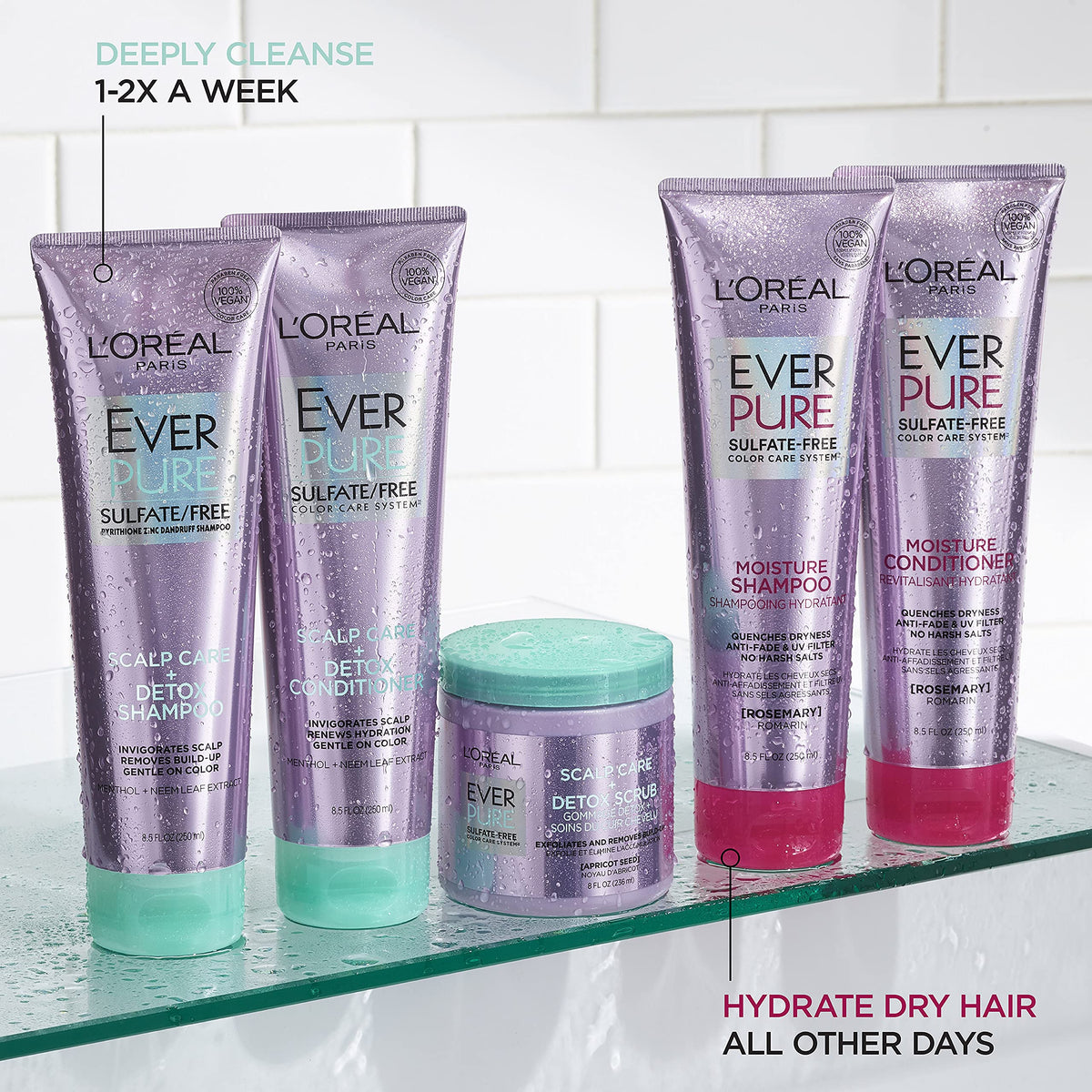 L'Oreal Paris EverPure scrub staged in bathroom showcasing routine-ready, color-safe benefit