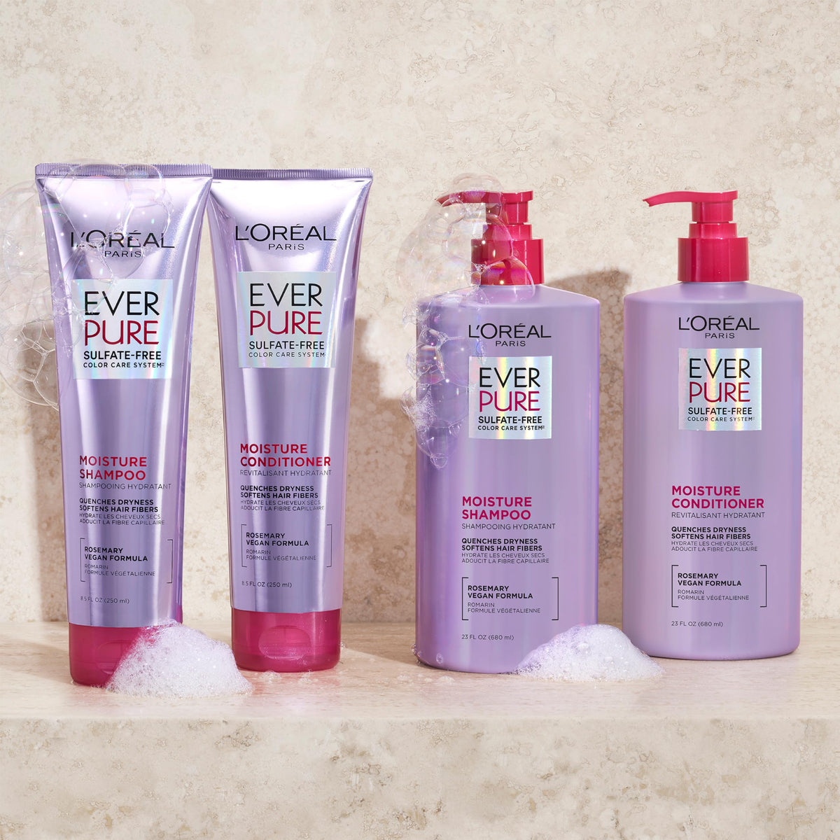L'Oreal Paris EverPure on bathroom shelf styled for everyday ritual benefit