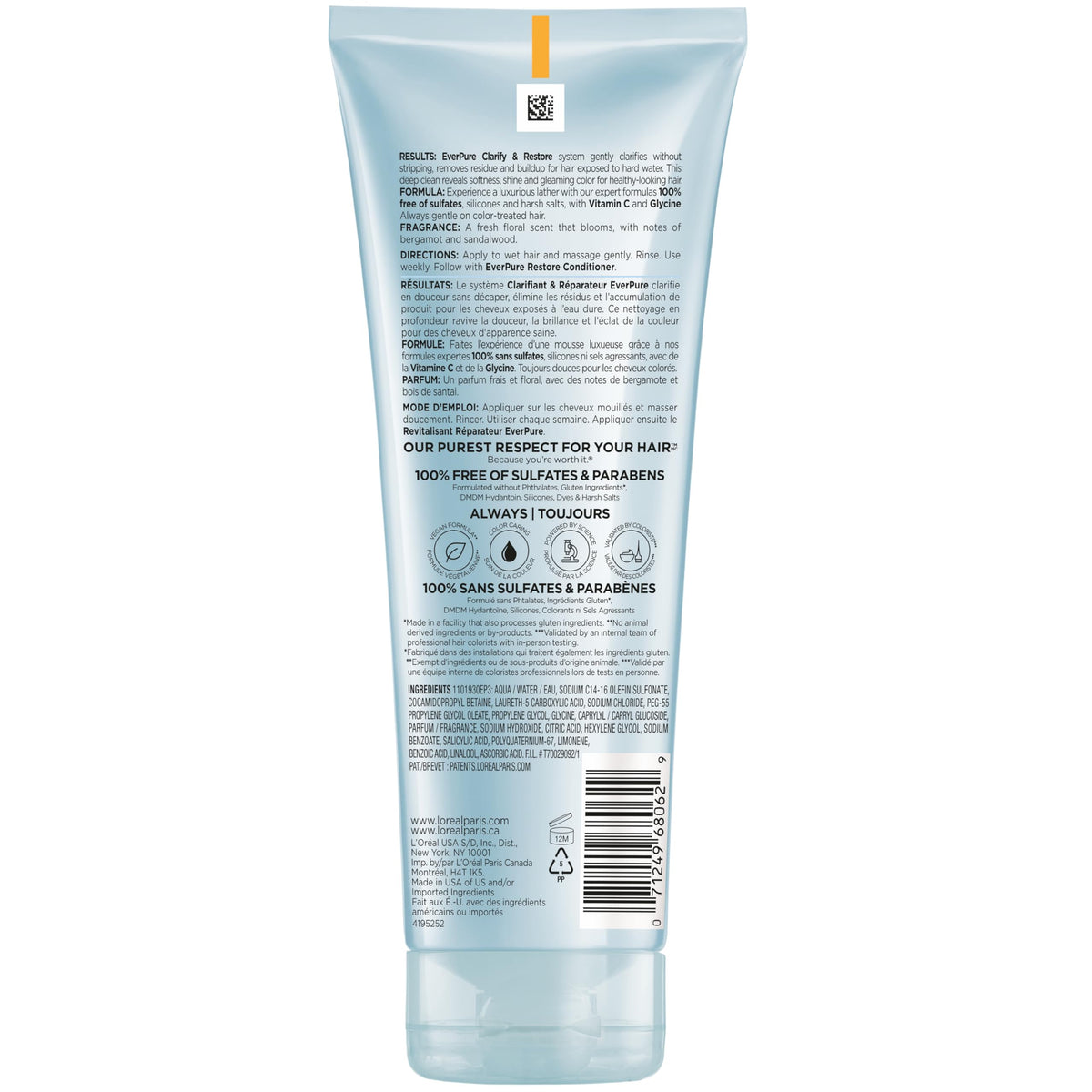 L'Oreal Paris EverPure Clarify rinsed wet hair showing restored shine and color
