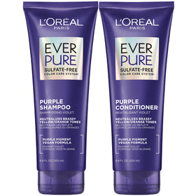 L'Oreal Paris front packaging of purple shampoo and conditioner showing set benefits