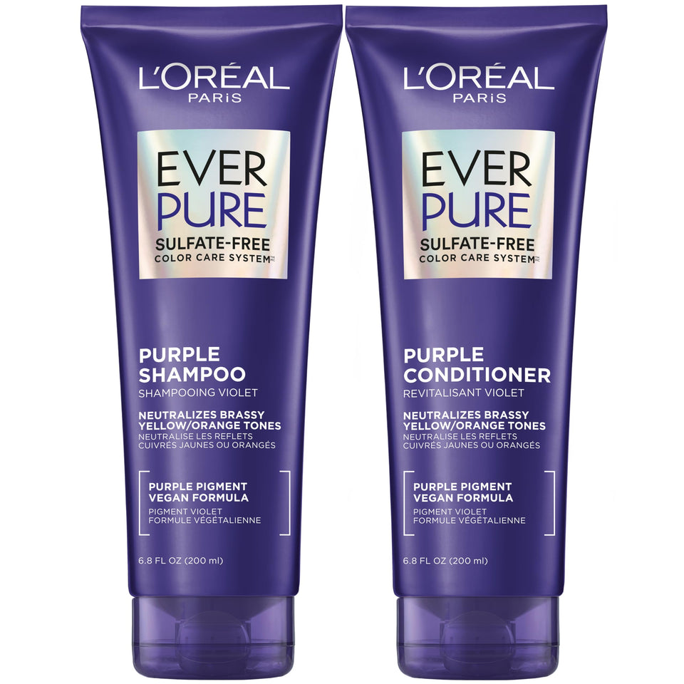 L'Oreal Paris front packaging of purple shampoo and conditioner showing set benefits