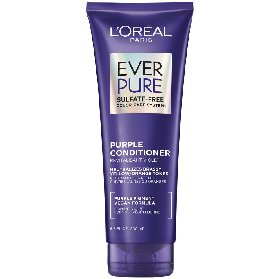 L'Oreal Paris front packaging showing purple conditioner bottle for toning